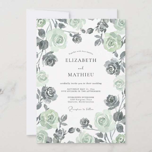 Sage Charcoal Painted Wedding Invitation (Front)