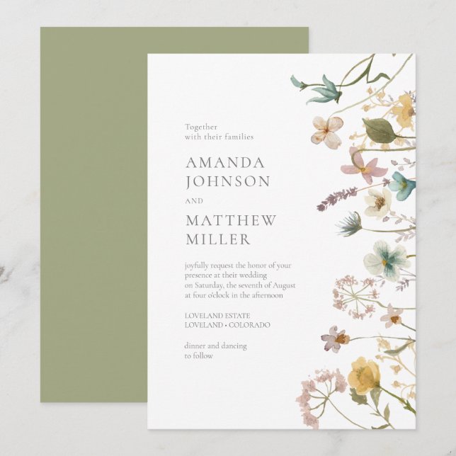 Sage Chic Spring Delicate Pressed Florals Wedding Invitation (Front/Back)