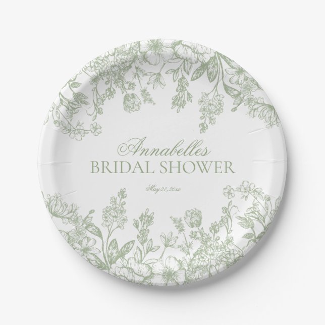 Sage Chinoiserie Floral Bridal Shower Dessert Paper Plate (Front)
