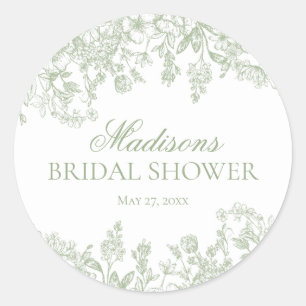 Sage Chinoiserie Floral Bridal Shower Envelope Classic Round Sticker