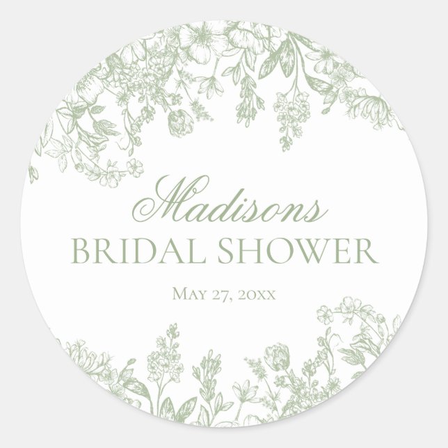 Sage Chinoiserie Floral Bridal Shower Envelope Classic Round Sticker (Front)