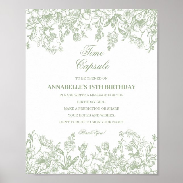 Sage Chinoiserie Floral Time Capsule Baby Birthday Poster (Front)