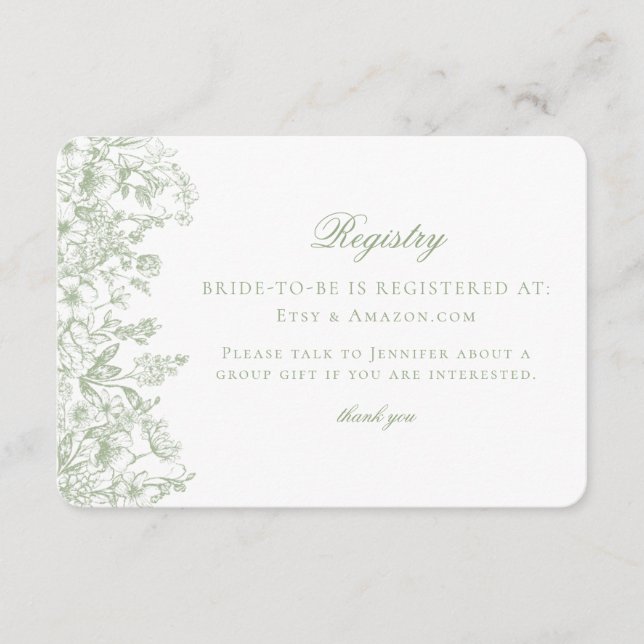 Sage Chinoiserie Retro Floral Bridal Registry Card (Front)