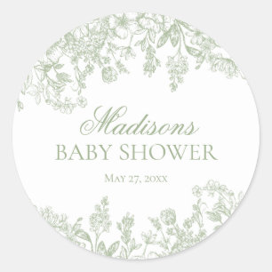 Sage Chinoiserie Vintage Floral Baby Shower Circle Classic Round Sticker