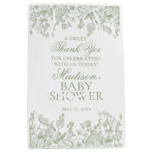 Sage Chinoiserie Vintage Floral Baby Shower Favour Medium Gift Bag