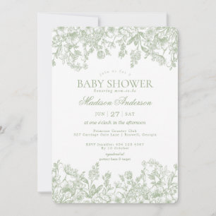 Sage Chinoiserie Vintage Floral Baby Shower Invitation