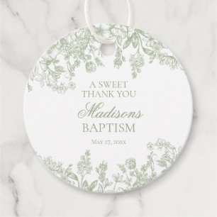 Sage Chinoiserie Vintage Floral Baptism Circle Favour Tags