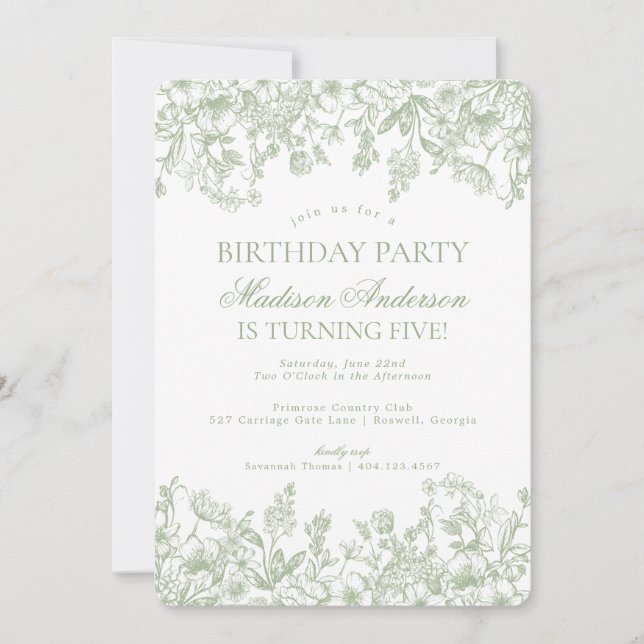 Sage Chinoiserie Vintage Floral Birthday Party Invitation (Front)