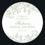 Sage Chinoiserie Vintage Floral Bridal Shower Classic Round Sticker<br><div class="desc">Love is in bloom! This sage Chinoiserie Party Decor Collection, features delicate toile floral patterns for timeless elegance. Each piece in this collection showcases intricate designs in shades of green, evoking a sense of sophistication and elegance. ★ Let me help you plan your next party! ★ If you need coordinating...</div>