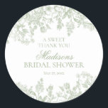 Sage Chinoiserie Vintage Floral Bridal Shower Classic Round Sticker<br><div class="desc">Love is in bloom! This sage Chinoiserie Party Decor Collection, features delicate toile floral patterns for timeless elegance. Each piece in this collection showcases intricate designs in shades of green, evoking a sense of sophistication and elegance. ★ Let me help you plan your next party! ★ If you need coordinating...</div>