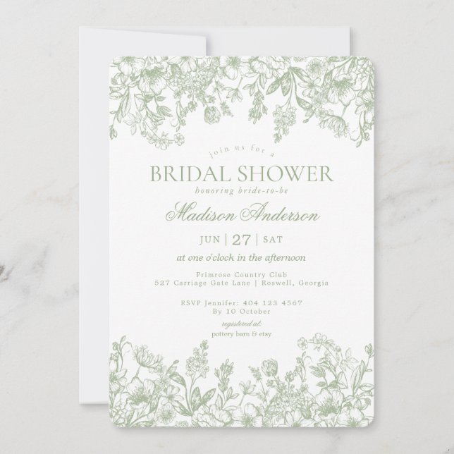 Sage Chinoiserie Vintage Floral Bridal Shower Invitation (Front)