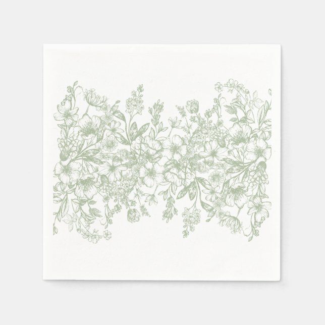 Sage Chinoiserie Vintage Floral Wedding Dessert Napkin (Front)
