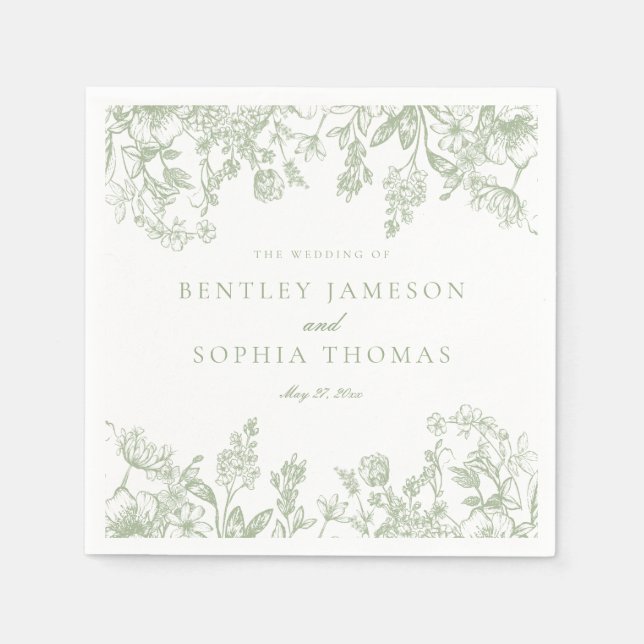 Sage Chinoiserie Vintage Floral Wedding Dessert Napkin (Front)