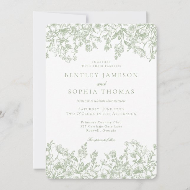 Sage Chinoiserie Vintage French Floral Wedding Invitation (Front)