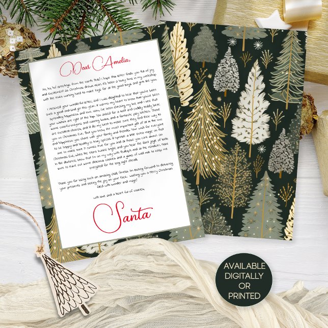 Sage Christmas Tree Pattern Letter From Santa Card (Front and back view. Available digitally or printed)