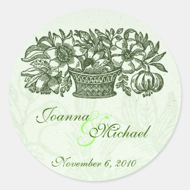 Sage Classic Flower Basket Wedding Sticker (Front)