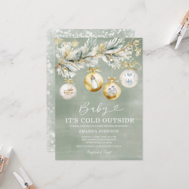 Sage Cold Outside Snowflake Christmas Baby Shower Invitation (Front/Back In Situ)