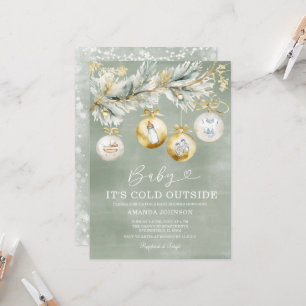Sage Cold Outside Snowflake Christmas Baby Shower Invitation