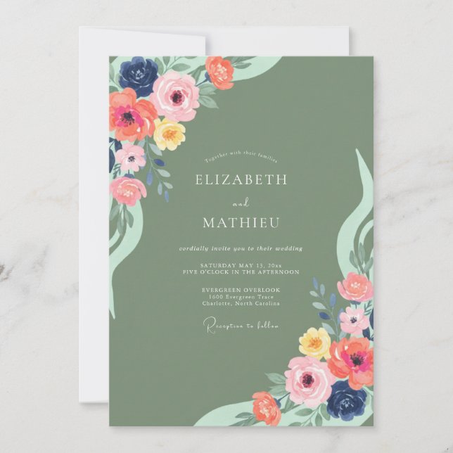Sage Colourful Botanical Wedding Invitation (Front)