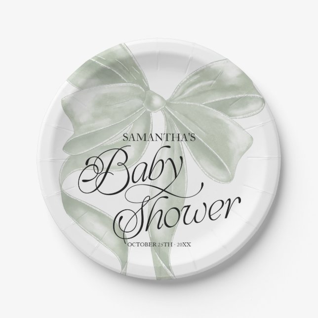 Sage Coquette Bow Baby Shower Paper Plates (Front)