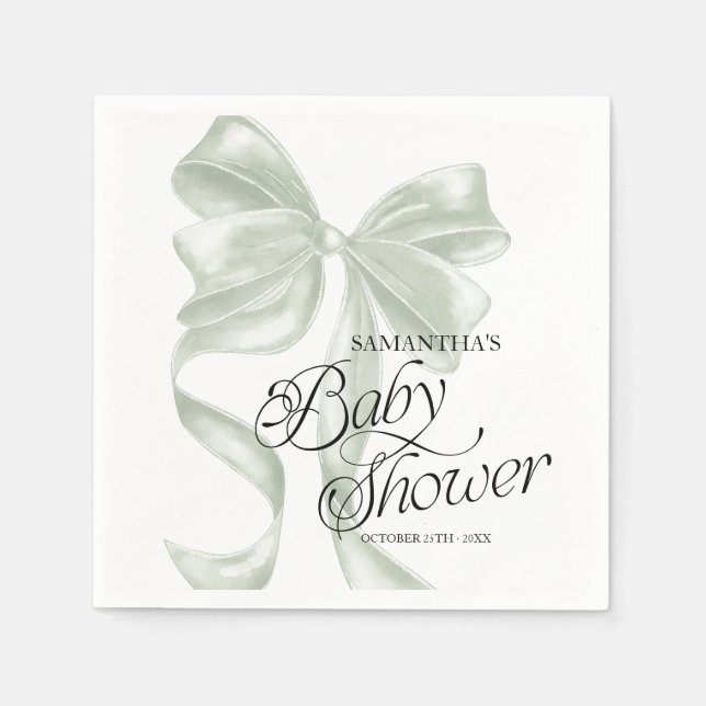 Sage Coquette Bow Baby Shower Party Napkins (Front)