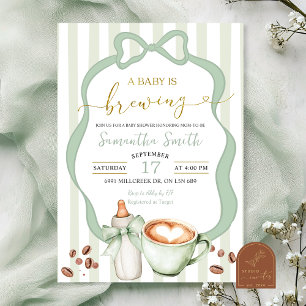 Sage Coquette Stripes baby is brewing baby Shower Invitation
