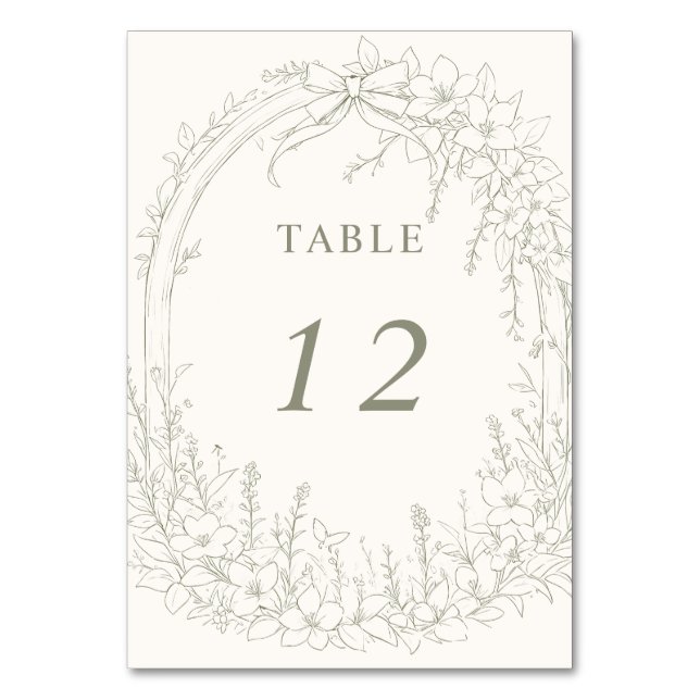 Sage Coquette Woodland Garden Floral Wedding Table Number (Front)