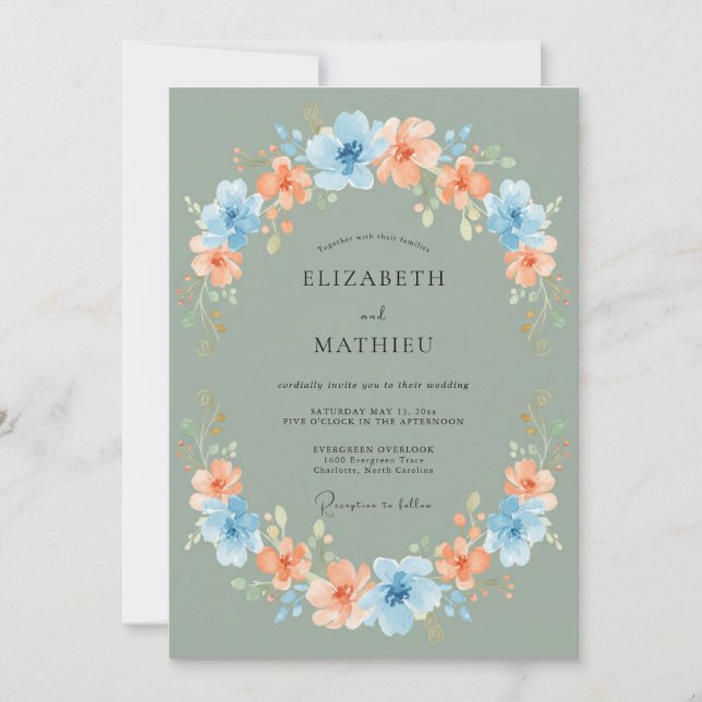 Sage Coral Blue Blossom Wreath Wedding Invitation (Front)