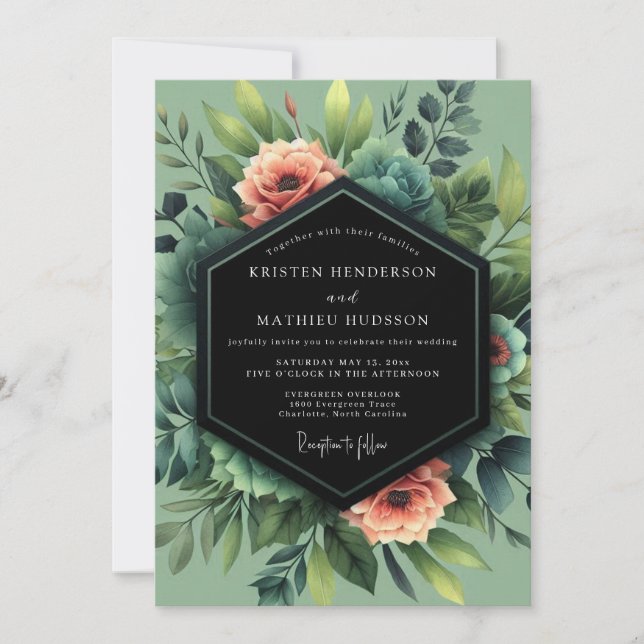 Sage Coral Verdant Bloom Wedding Invitation (Front)