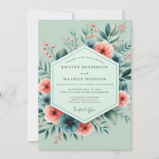 Sage Coral Whimsical Bloom Wedding Invitation (Front)