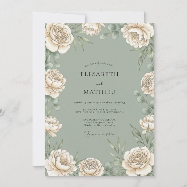Sage Cream Floral Botanical Wedding Invitation (Front)
