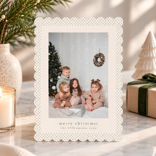 Sage Cream Scalloped Edge Family Photo Christmas Holiday Card