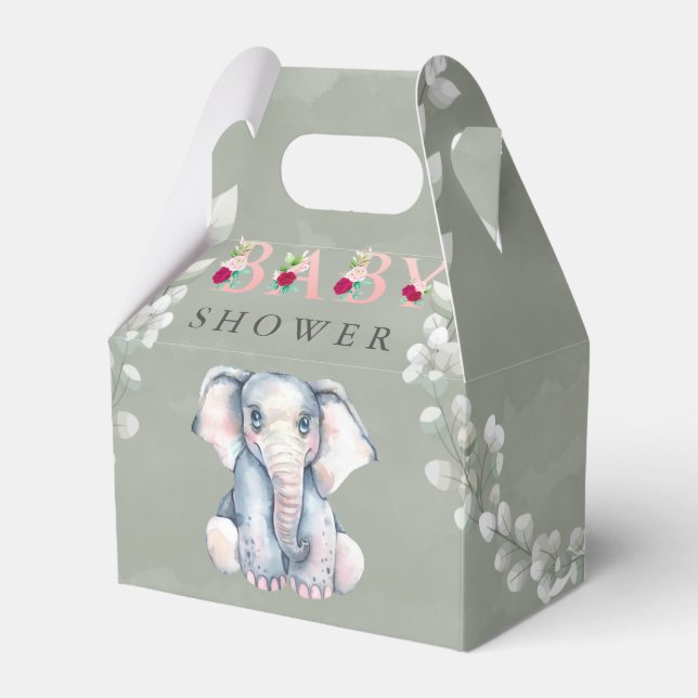 Sage Cute Elephant Eucalyptus Pink Baby Shower  Favour Box (Front Side)