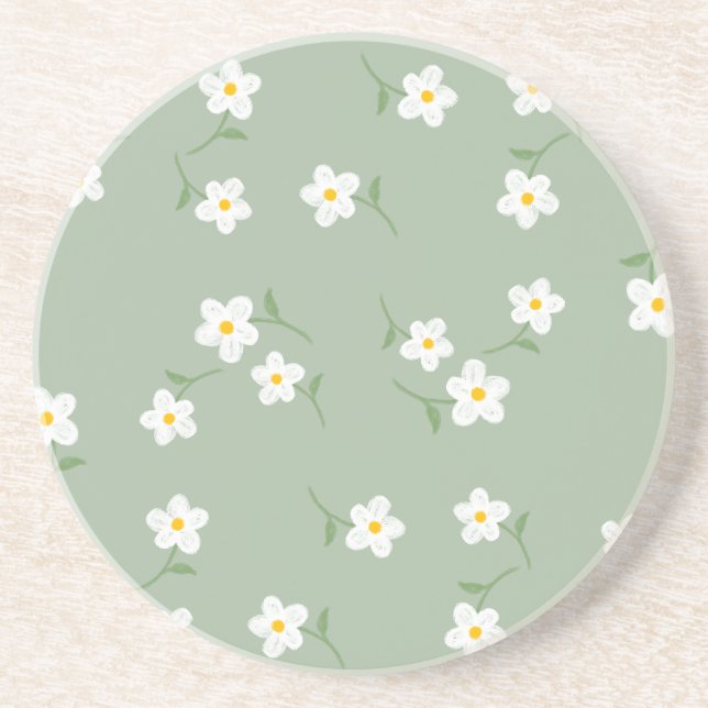Sage Daisy Floral Coaster | Elegant Botanical  (Front)