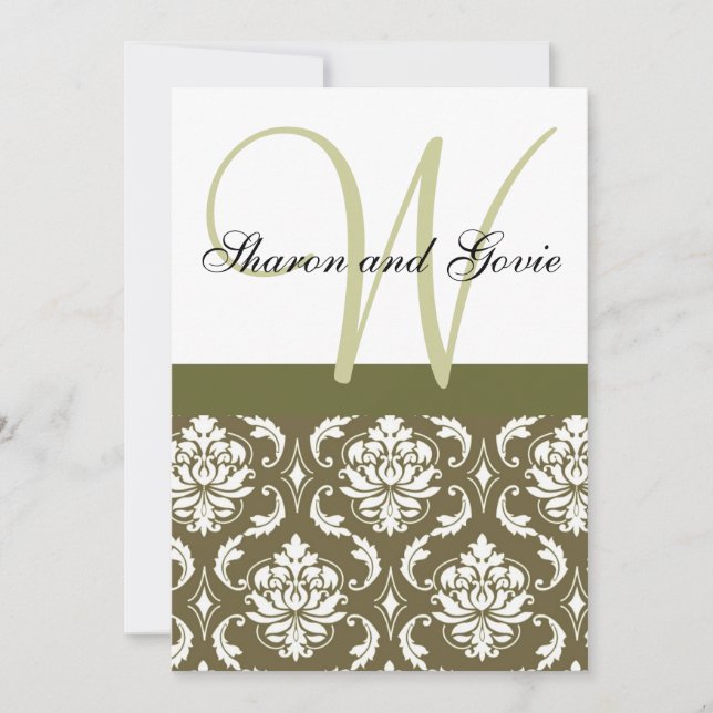 Sage Damask Monogram Names Wedding Invitation (Front)