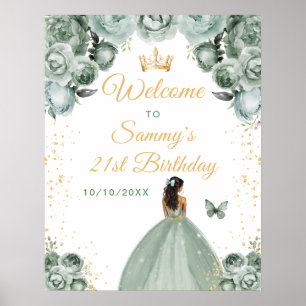 Sage Dark Skin Princess Birthday Welcome Poster