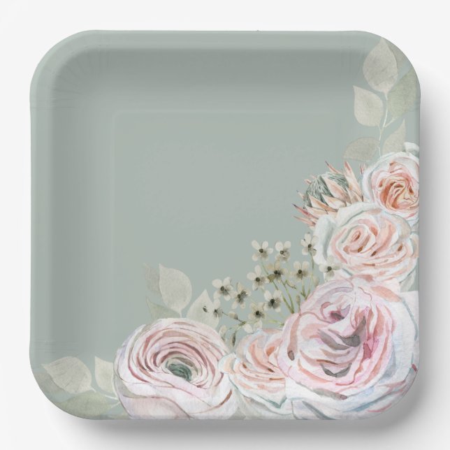 Sage Delicate watercolor flower palepink Birthday Paper Plate (Front)