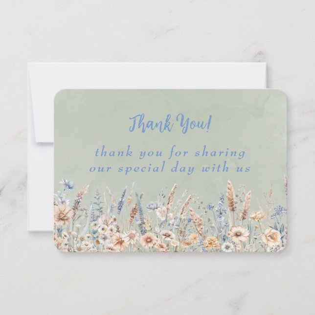 Sage Dusty Blue Peony Watercolor Wedding Thank You Card (Front)