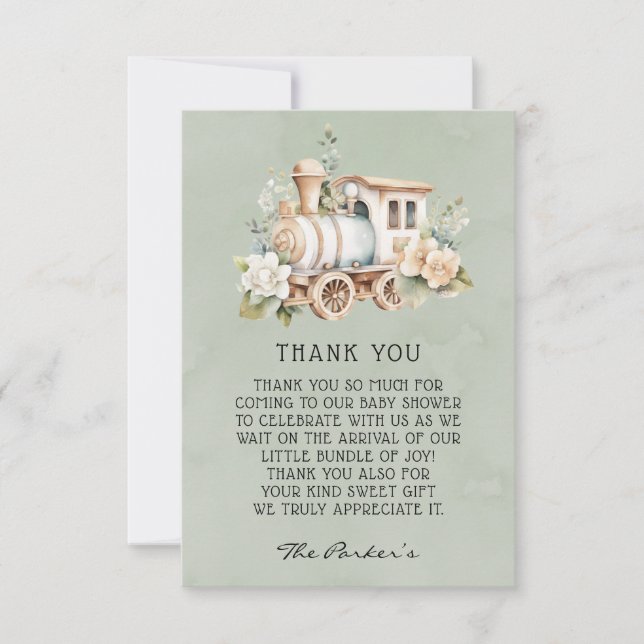 Sage Dusty Blue Train Baby Shower Thank You Cards (Front)