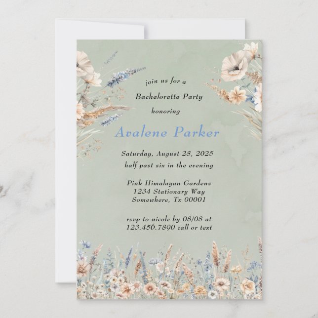 Sage Dusty Blue Wildflowers Bachelorette Party Invitation (Front)