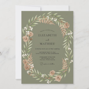 Sage Dusty Peach Leafy Wedding Invitation