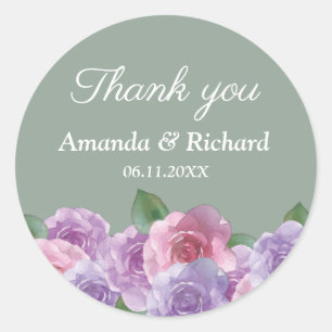 Sage Dusty Pink Purple Floral Wedding Thank You Classic Round Sticker