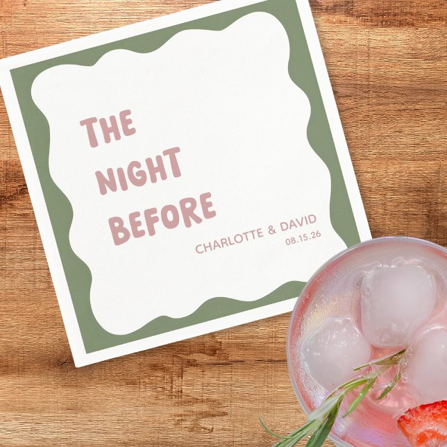 Sage & Dusty Rose Modern Wavy Fun Rehearsal Dinner Napkin (Add a vintage touch to your rehearsal dinner with these 'The Night Before' napkins in sage & rose.)