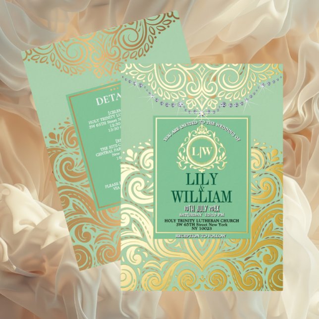 Sage Elegant Artdeco Diamond Monogram Wedding Gold (Luxurious Elegant Classic Boho Wedding Invitation - Real Foil and Monogram)