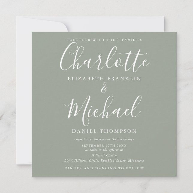 Sage Elegant Chic Script All In One Wedding Invitation (Front)