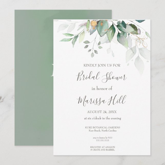 Sage Elegant Eucalyptus Bridal Shower  Invitation (Front/Back)
