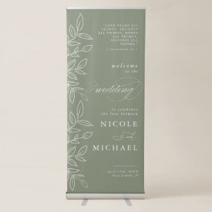 Sage Elegant Leaf Bible Verse Wedding Welcome Retractable Banner