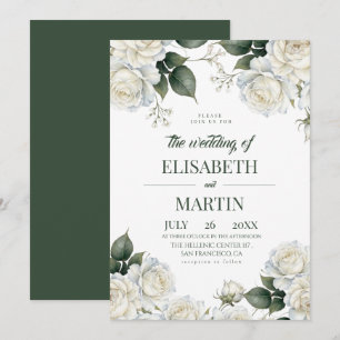 Sage Elegant Modern White Rose Florals Wedding Invitation