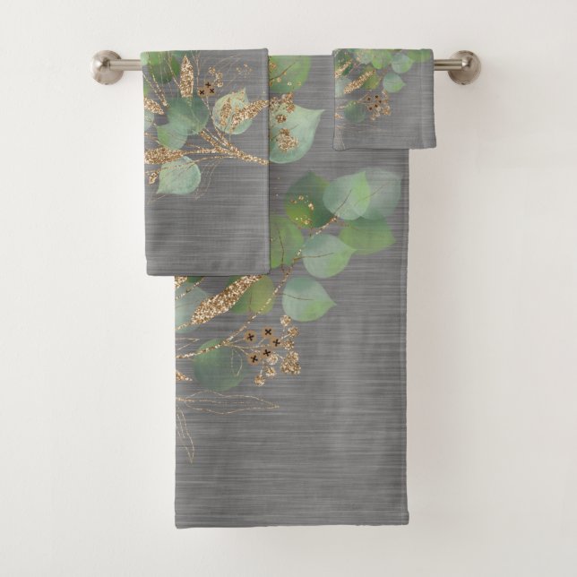 SAGE EUCALYPTUS BRUSHED METALLIC GREY BATH BATH TOWEL SET (Insitu)