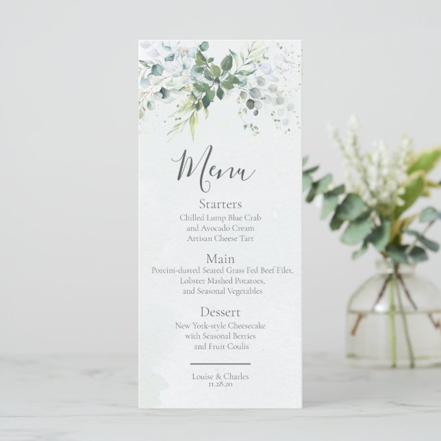Sage Eucalyptus Greenery Simple Chic Wedding Menu (Standing Front)